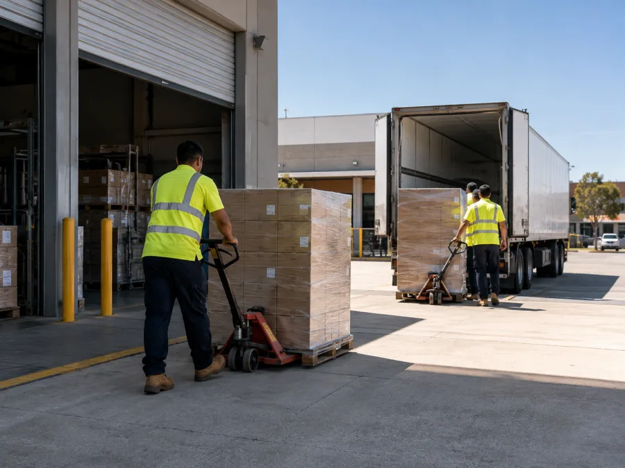 Workers moving grocery pallets at a Rockhampton supermarket dock