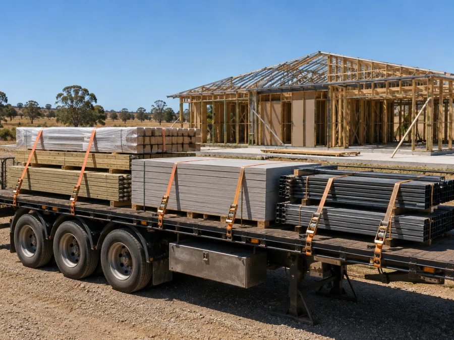 Timber and cladding on a trailer at a Rockhampton building site