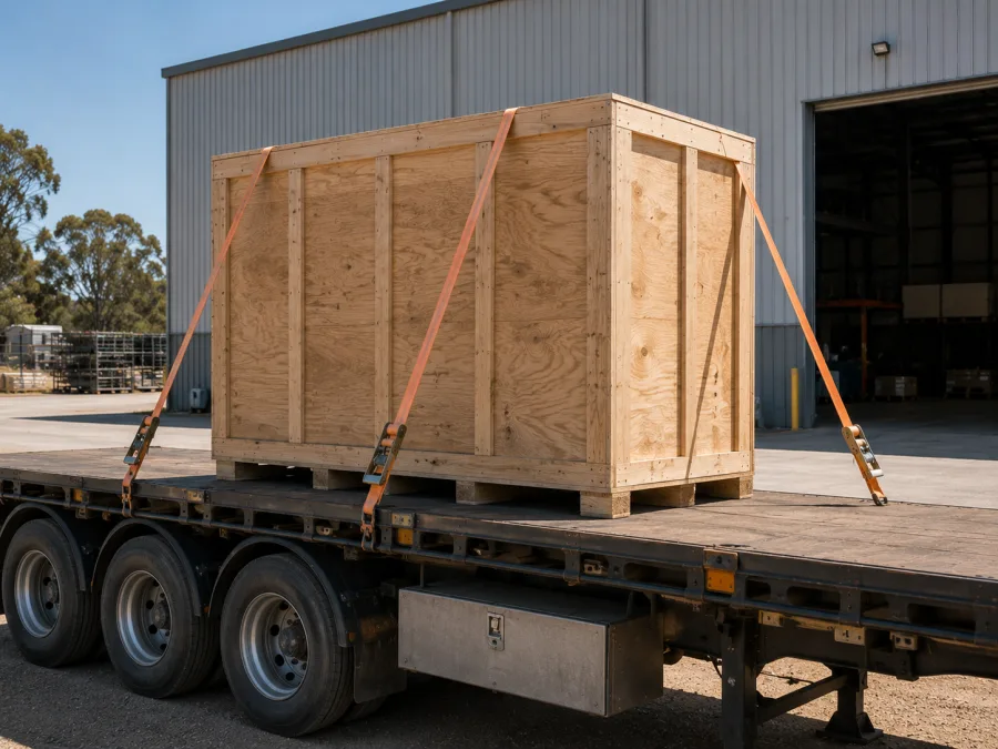 Timber-crated machine strapped on a trailer at a Rockhampton industrial site