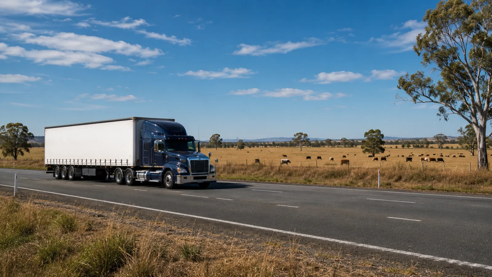 Semi-trailer on the highway through grazing country approaching Rockhampton