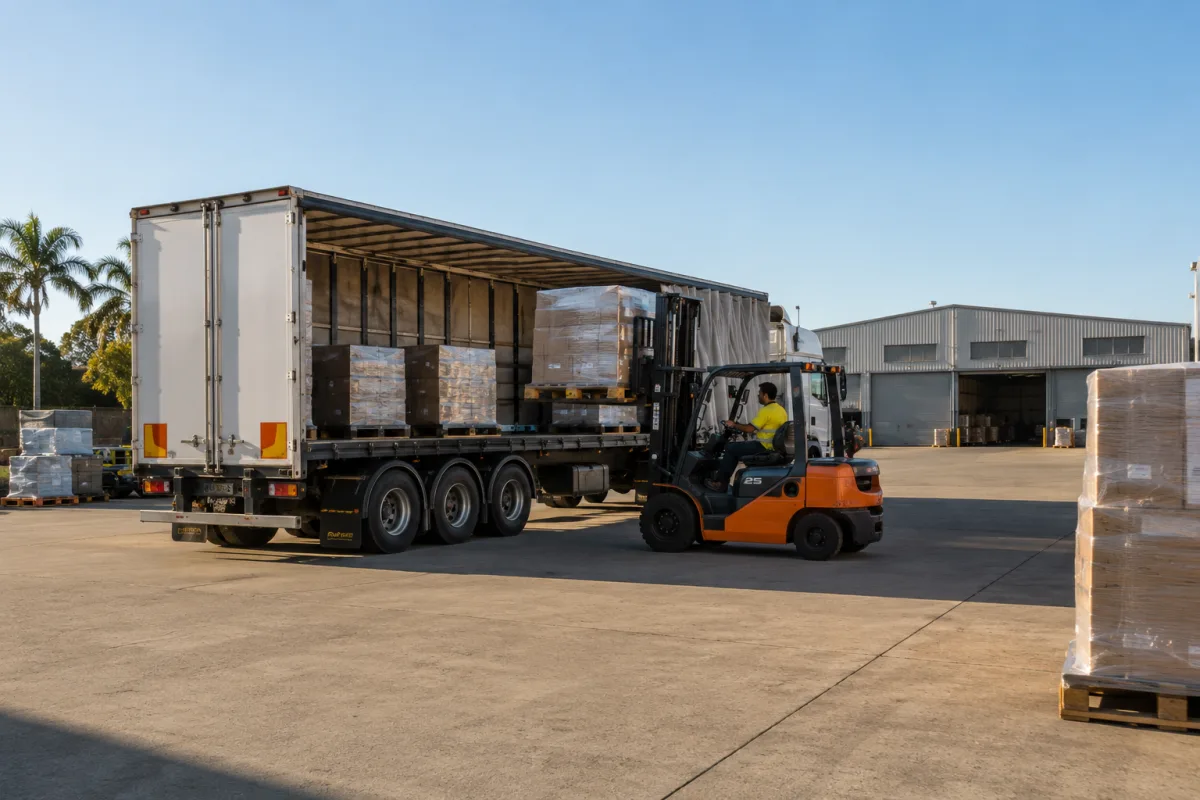 Forklift loading a trailer at a Brisbane depot for the Rockhampton run