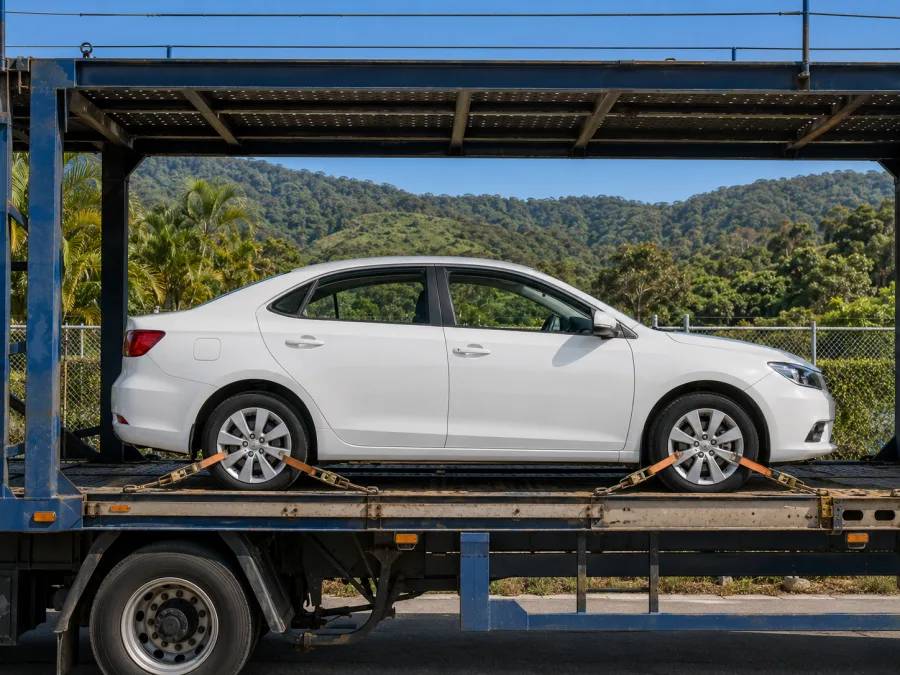 Car strapped on a carrier deck with the green hinterland ridge behind