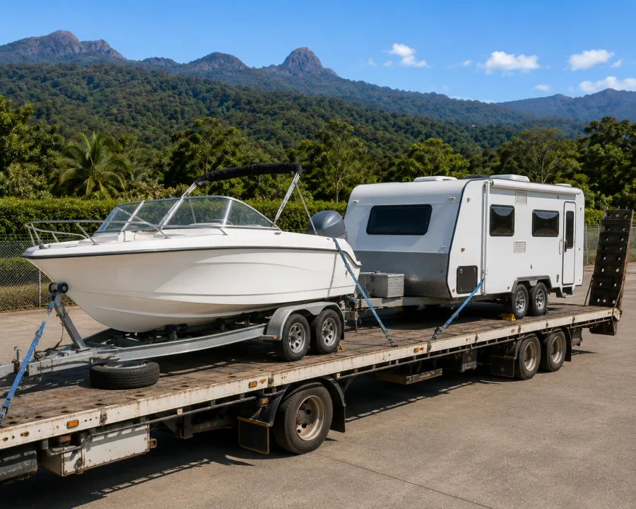 Runabout on a trailer loaded for the Sunshine Coast with the peaks behind