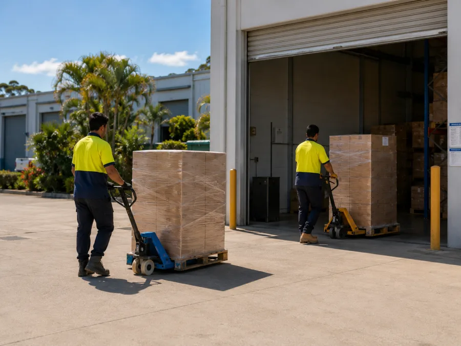 Workers moving retail pallets at a Sunshine Coast loading dock