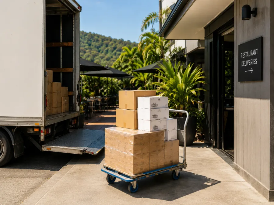 Hospitality supplies unloaded at a Noosa restaurant service entrance