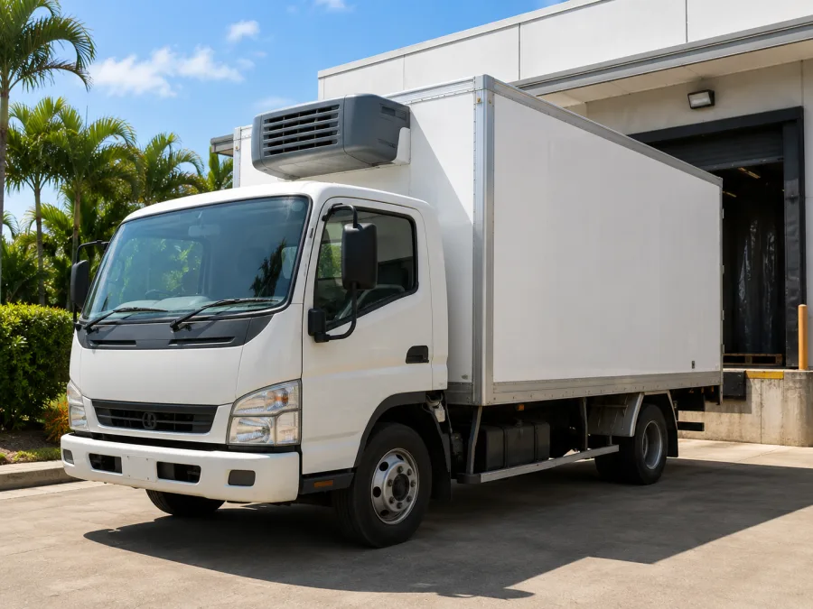 Refrigerated rigid truck at a Sunshine Coast food service dock