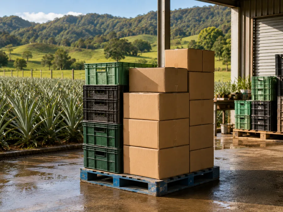 Produce crates palletised at a hinterland packing shed for the Brisbane markets