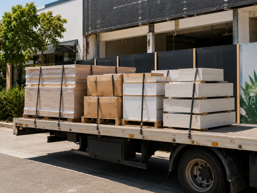 Wrapped joinery and cabinetry strapped on a trailer at a coastal fit-out site