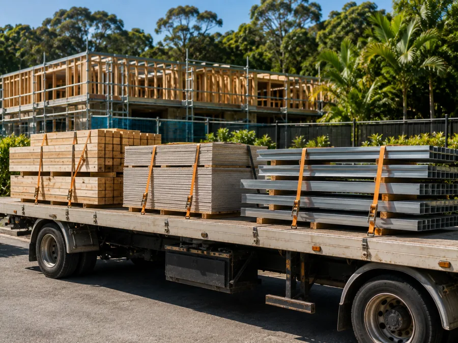 Timber and cladding on a trailer at a Sunshine Coast building site