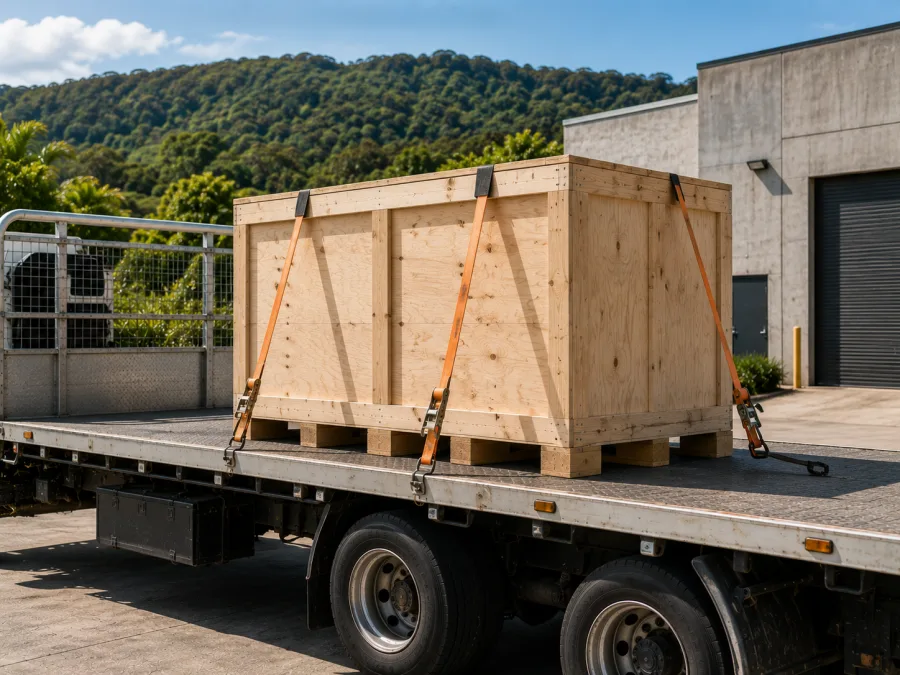 Timber-crated machine strapped on a trailer at a Kawana industrial site