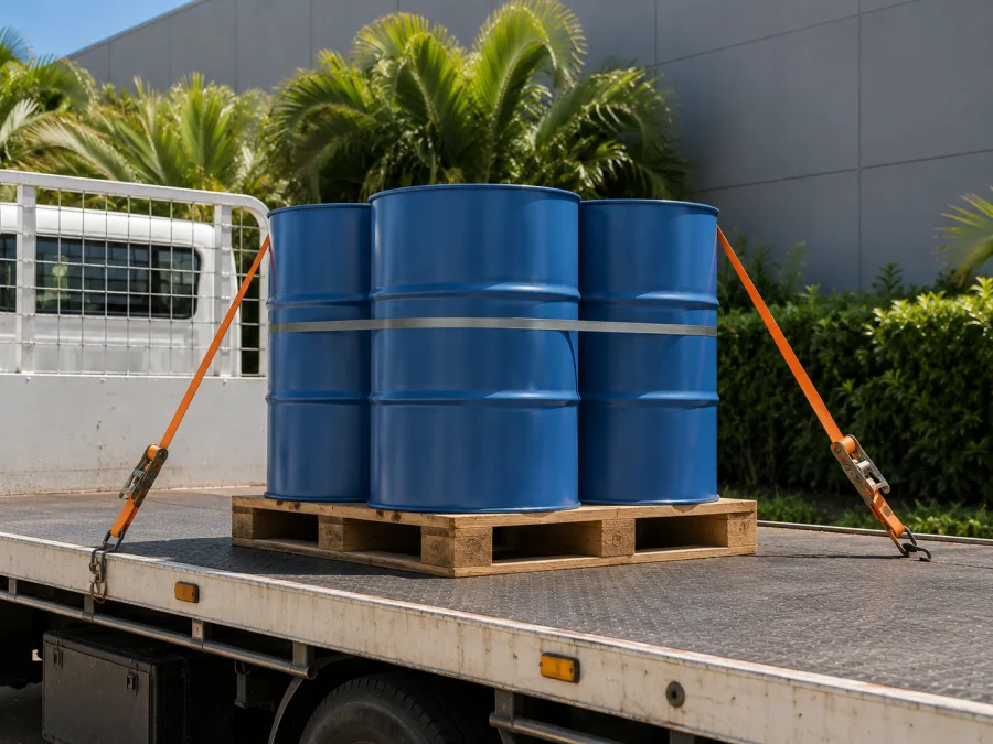 Sealed drums banded on a pallet and strapped to a rigid truck deck