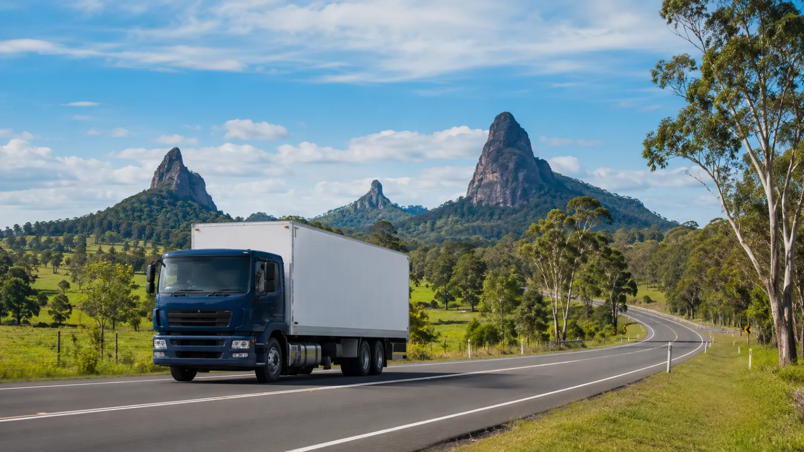 Rigid truck on the highway with volcanic peaks rising behind the hinterland farmland