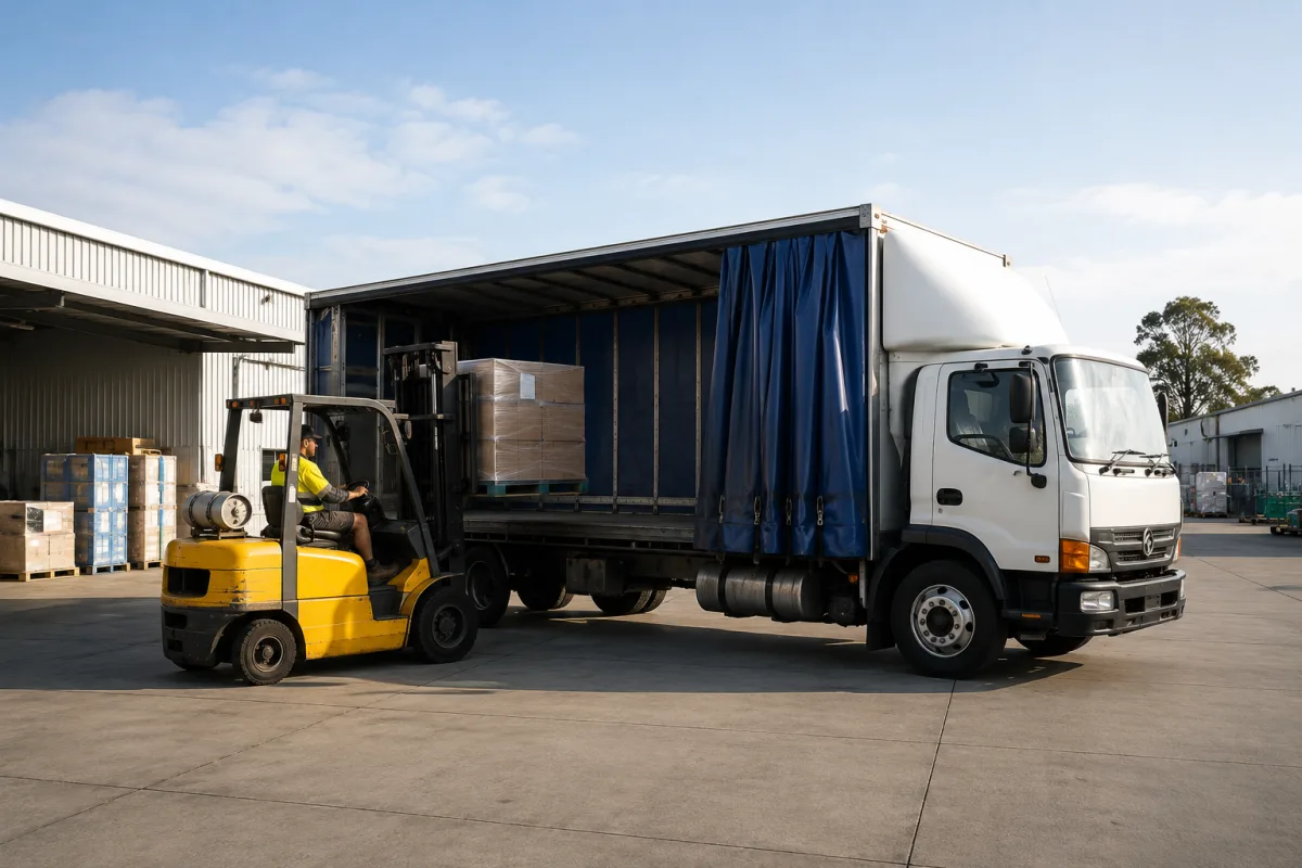 Forklift loading a rigid truck at a Brisbane depot for the coast run