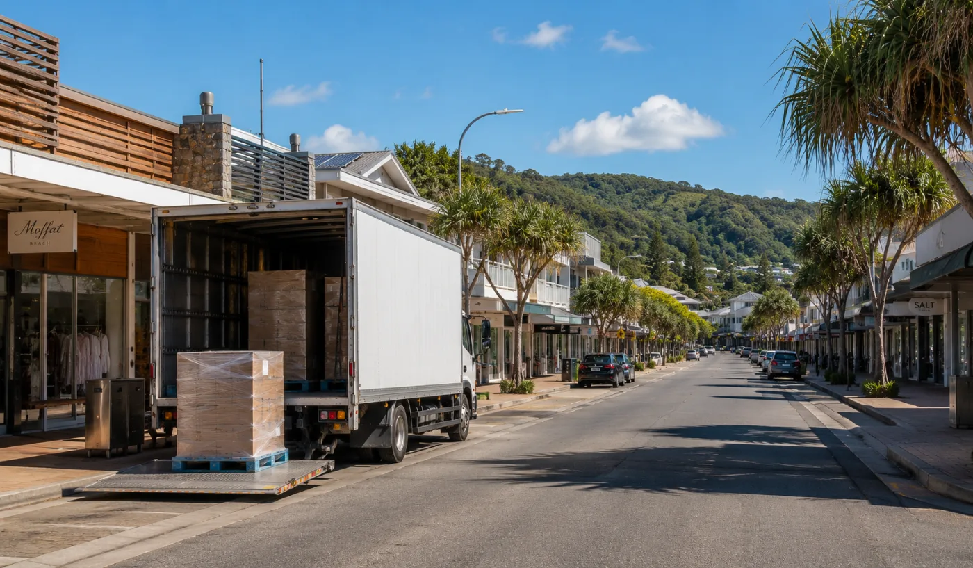 Rigid truck with tail-lift down on a low-rise Sunshine Coast commercial street