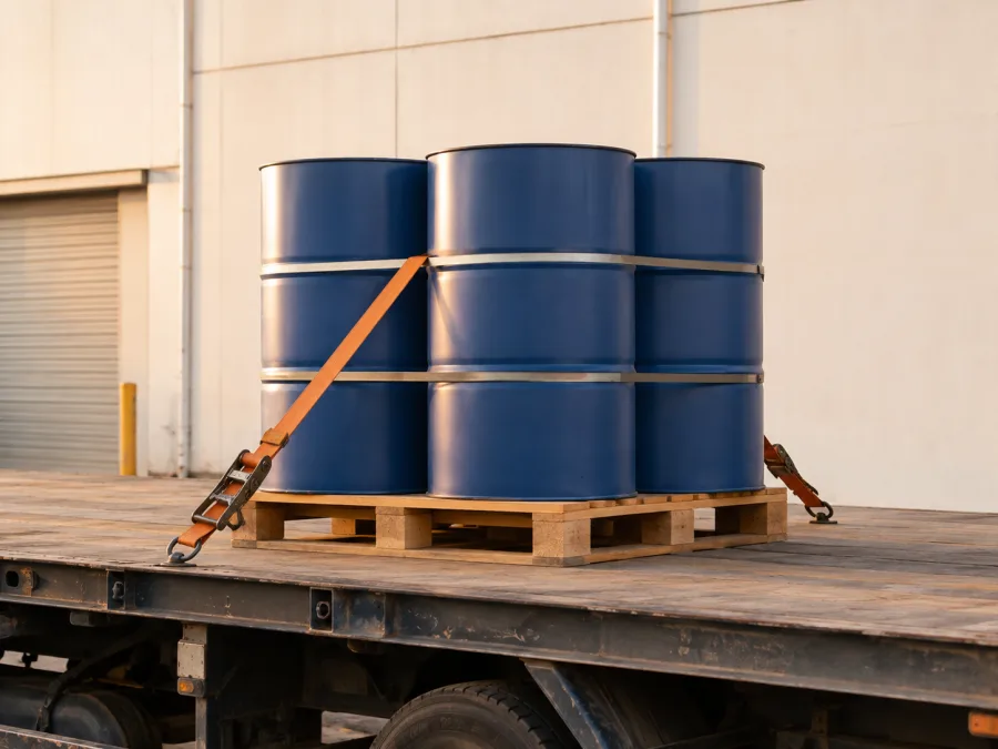 Sealed drums banded on a pallet and strapped to a trailer deck
