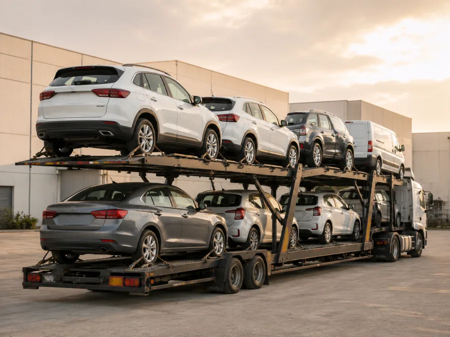 Loaded car carrier at a Sydney vehicle yard
