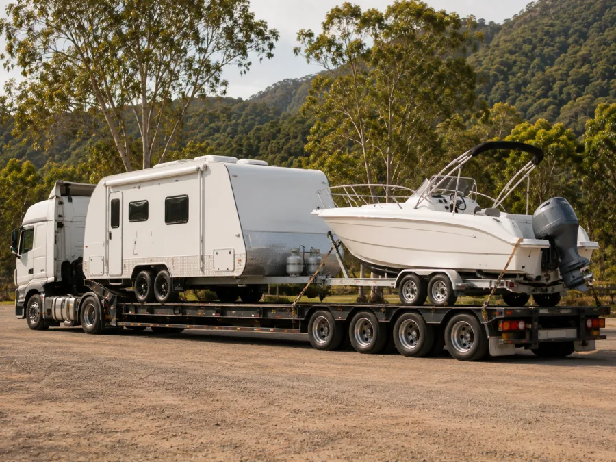 Caravan and boat loaded on a drop-deck with green coastal hills behind