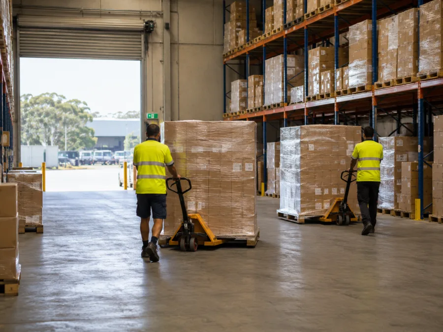 Workers moving pallets inside a Western Sydney distribution centre
