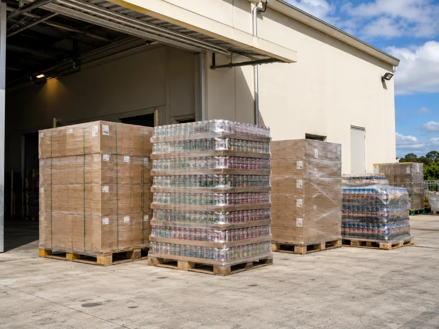 Palletised food and beverage staged at a Queensland manufacturer's dock