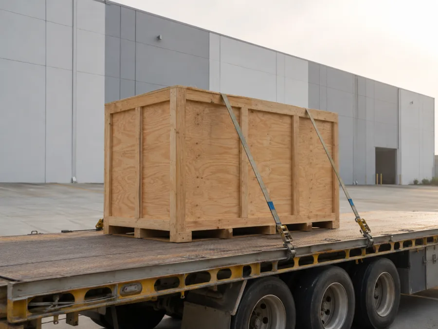 Timber-crated machine strapped on a trailer at a Sydney industrial site