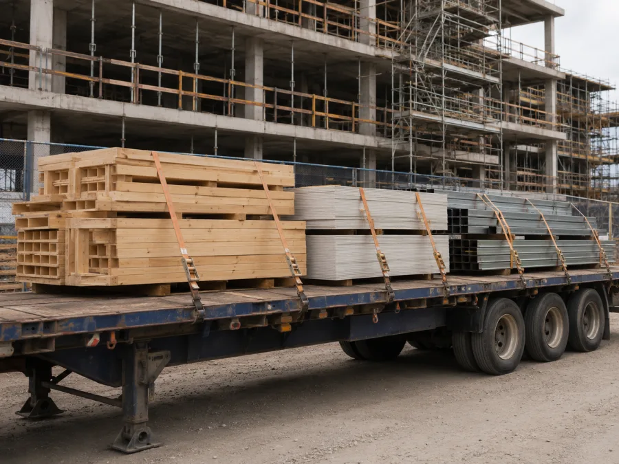 Timber and plasterboard on a trailer at a Sydney construction site