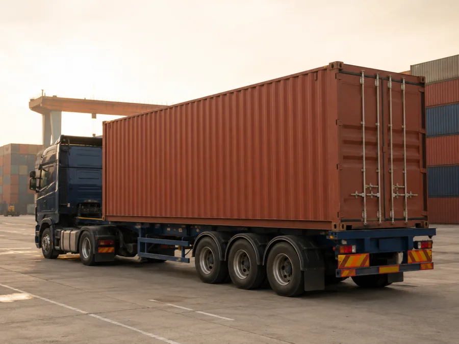 Container on a trailer at a Port Botany hardstand for the road leg