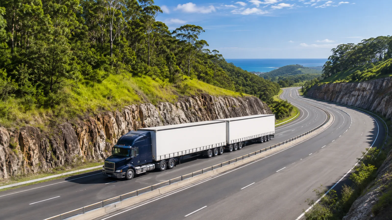 B-double on the divided Pacific Highway through green subtropical hills