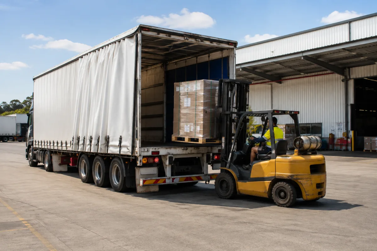 Forklift loading a trailer at a Brisbane depot for the Sydney run