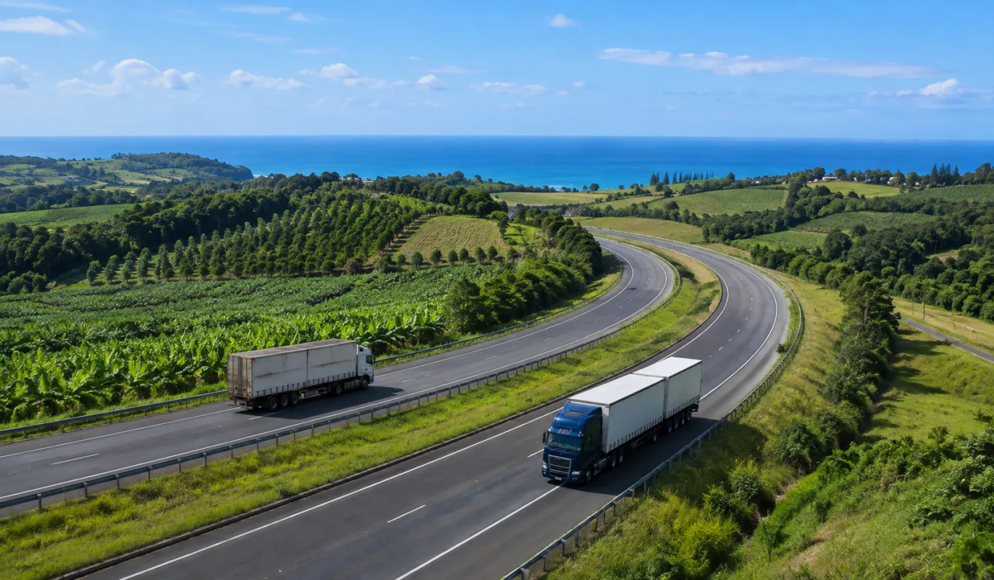 Divided highway sweeping through green hills with plantations and distant ocean