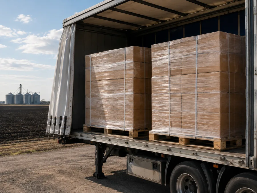 Wrapped pallets on a trailer with Darling Downs cropping country behind