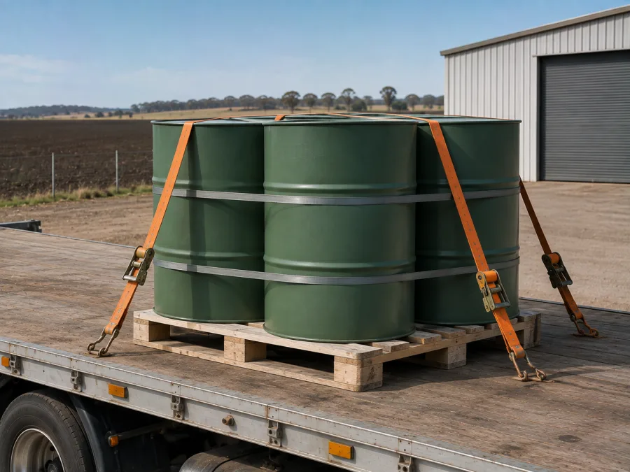 Sealed drums banded on a pallet and strapped to a trailer deck