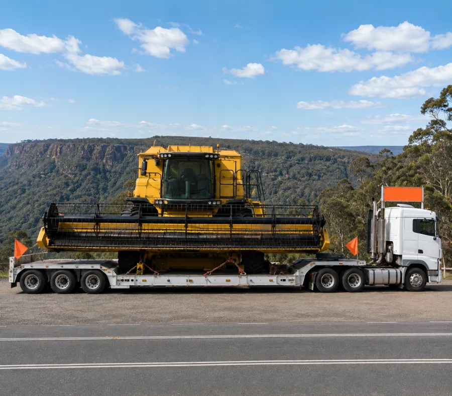 Oversize machine on a low-loader near the top of the Toowoomba Range