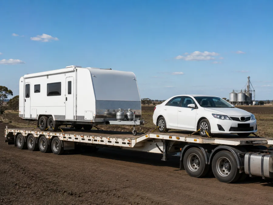 Car and caravan loaded on a drop-deck with Darling Downs country behind
