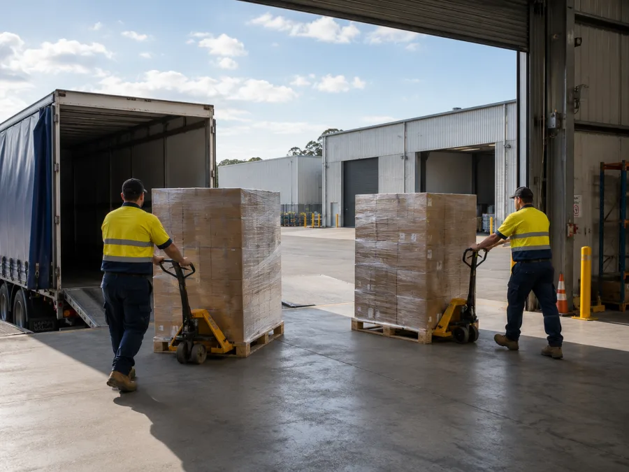 Workers moving pallets at a Toowoomba distribution dock