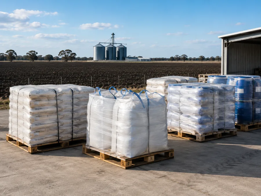 Palletised agricultural inputs staged for the Darling Downs