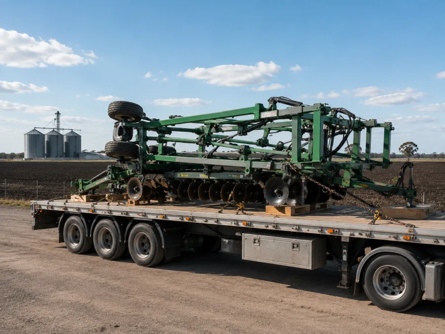 Folded farm implement chained on a trailer on the Darling Downs