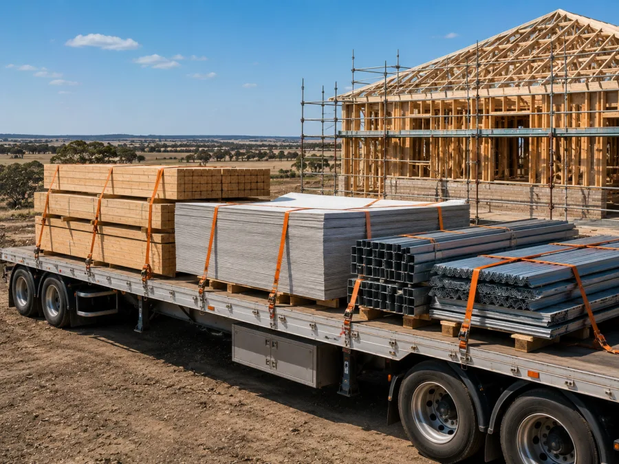Timber and cladding on a trailer at a Toowoomba building site