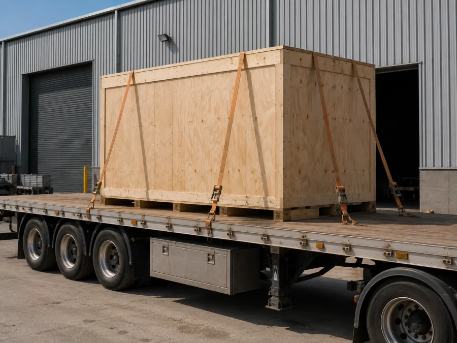Timber-crated machine strapped on a trailer at a Charlton industrial site