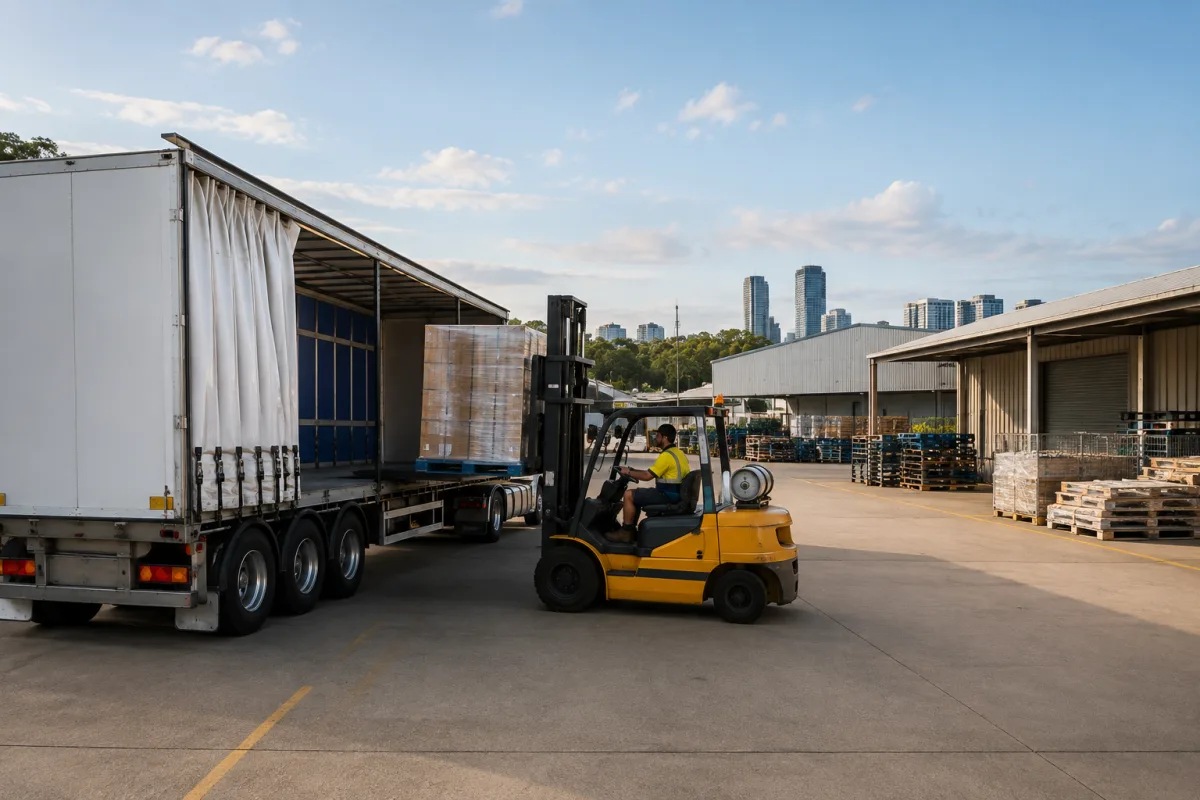 Forklift loading a trailer at a Brisbane depot for the Toowoomba run