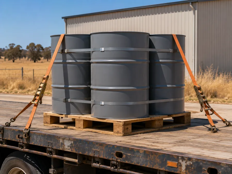 Sealed drums banded on a pallet and strapped to a trailer deck