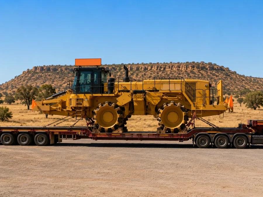 Oversize machine on a low-loader in north Queensland dry-tropics country