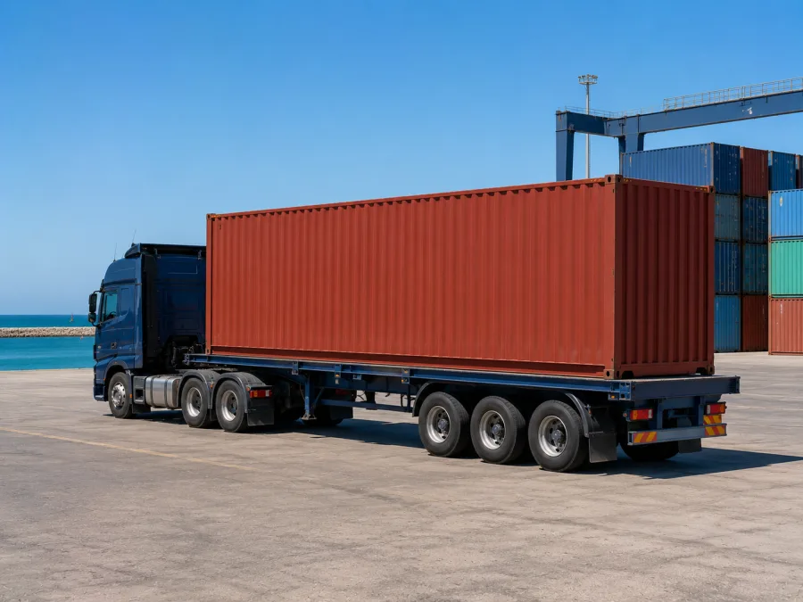 Container on a trailer at a Port of Townsville hardstand for the road leg