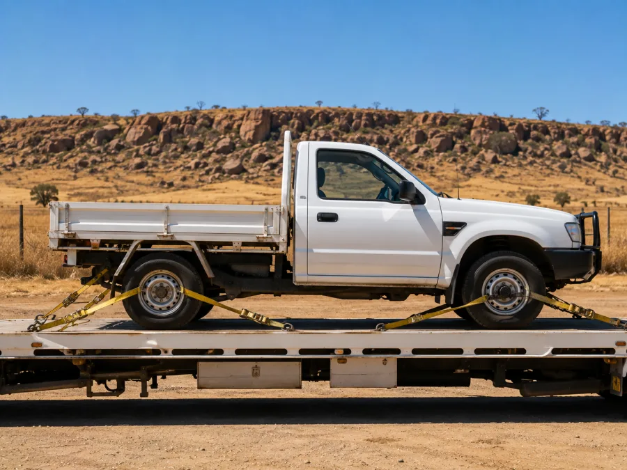Four wheel drive utility strapped on a carrier deck at a Townsville yard