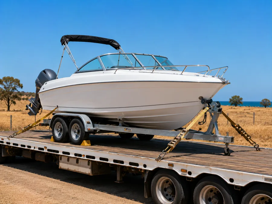 Runabout on a trailer loaded for the run north to Townsville