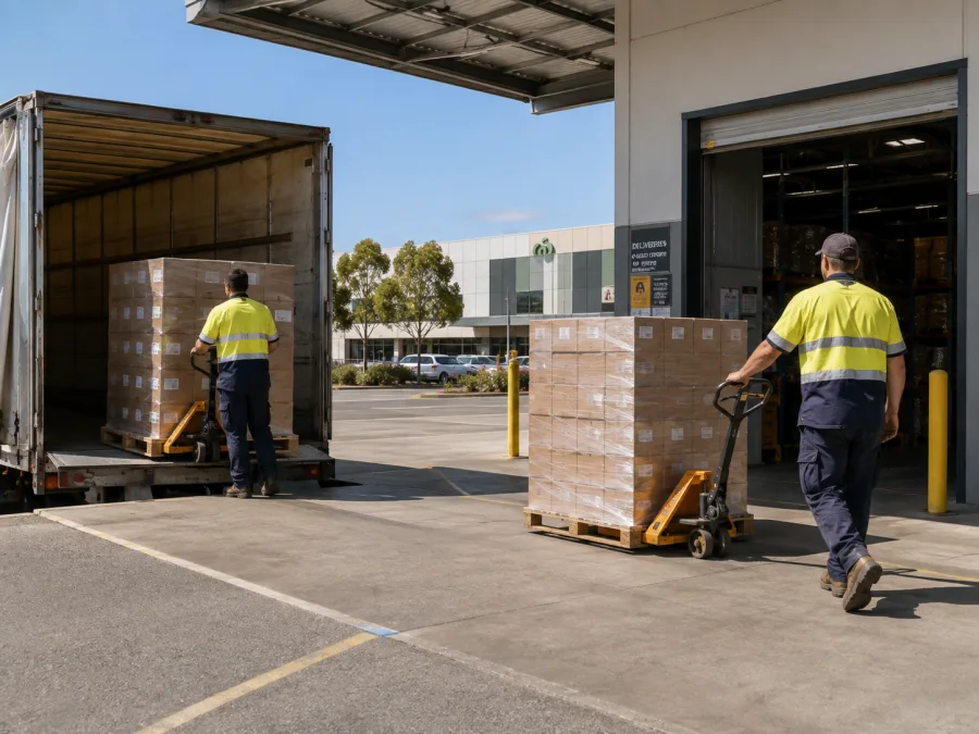 Workers moving grocery pallets at a Townsville supermarket dock