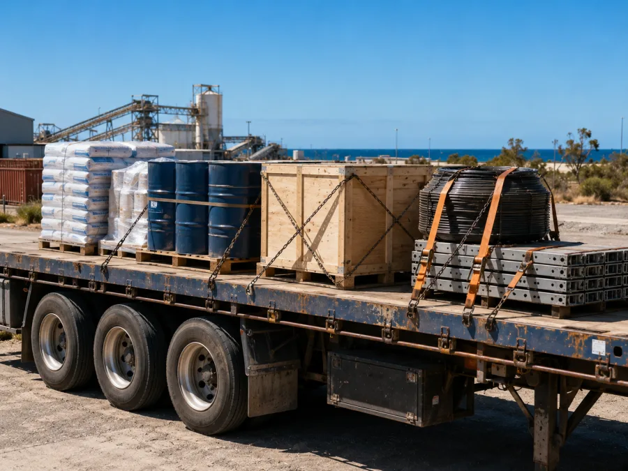 Drums and crated components loaded for the Townsville minerals sector