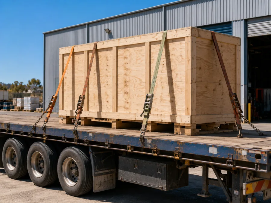 Timber-crated machine strapped on a trailer at a Townsville industrial site