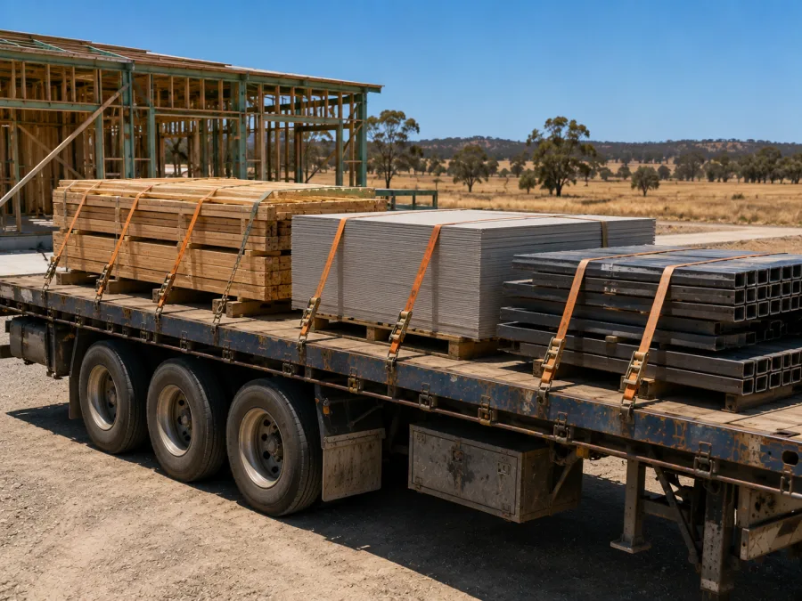 Timber and cladding on a trailer at a Townsville building site