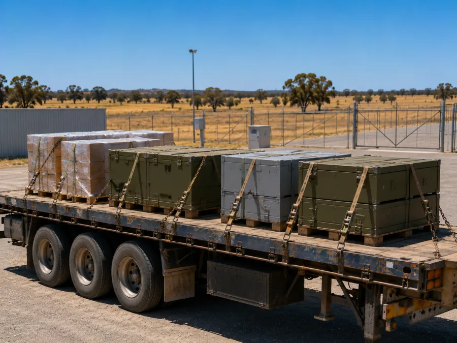 Plain crates and pallets strapped on a trailer for a government delivery