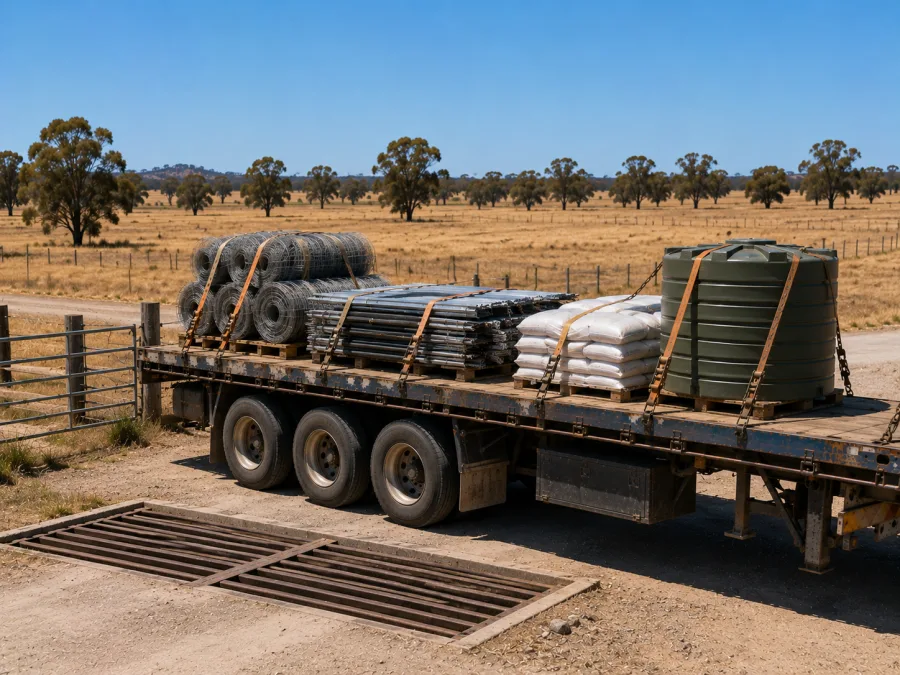 Fencing, feed and a water tank loaded on a trailer at a north Queensland station gate